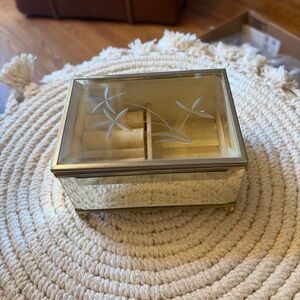 Jewelry box beveled glass MCM gold trim organizer storage bamboo etching